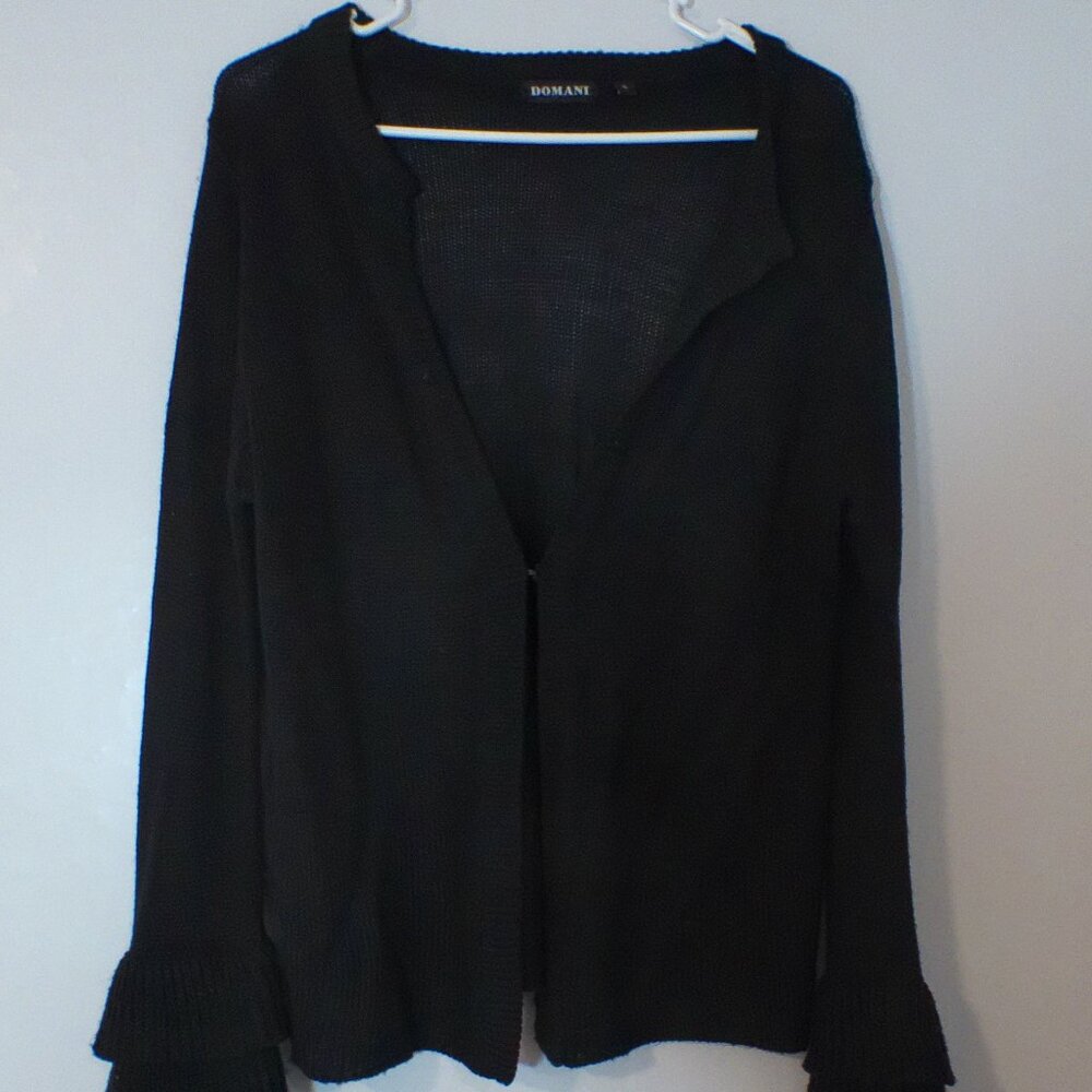 DOMANI Black Open Front Cardigan Women’s S Ruffle Bell Sleeve Lightweight Knit D